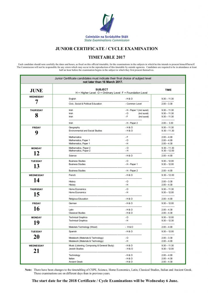 Junior and Leaving Certificate timetables SJCC